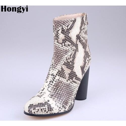Woman Winter Shoes Gladiator Square High Heel Ankle Boots Snakeskin Fashion Block Heels Boots Women Boots Zapatos Mujer
