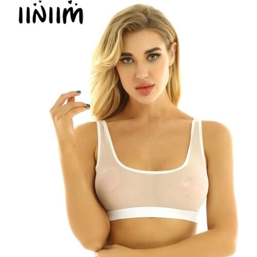 Iiniim Womens Sexy Lingerie Camis Bedtime See Through Mesh Bralette bra Deep U Neck Vest Tank Femme Transparent Crop Tops