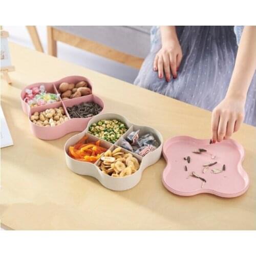 1PC 4 Lattice 2 Layer Fruit Tray Household Snack Plate Compote Dish Multifunctional Candy Dry Fruit Plates With Lid ENS 003