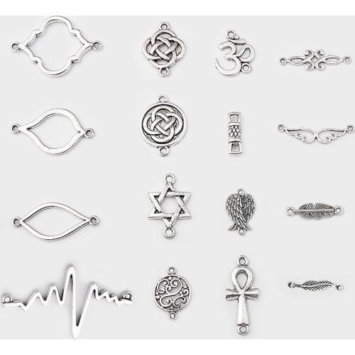 20pcs Antique Silver Color Ecg Knot Feather Wing Oval Cross Charms Connector For Bracelet Necklace Jewelry Findings Material