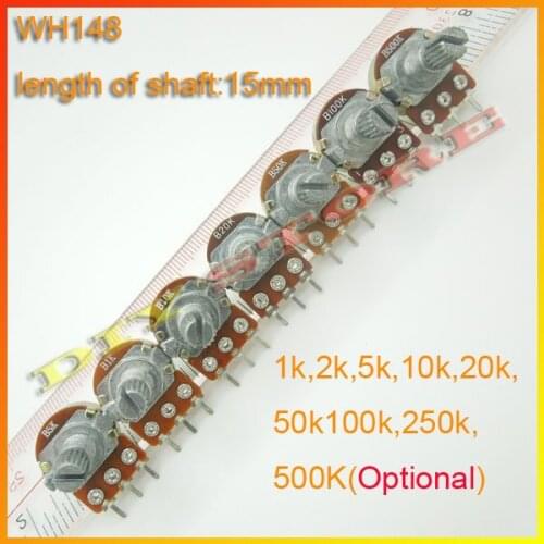 50pcs 15mm WH148 1k,2k,5k,10k,20k,50k,100k,250k,500k,1M(Optional) Ohm Liner Taper Potentiometer Pot Rotary New-10000003