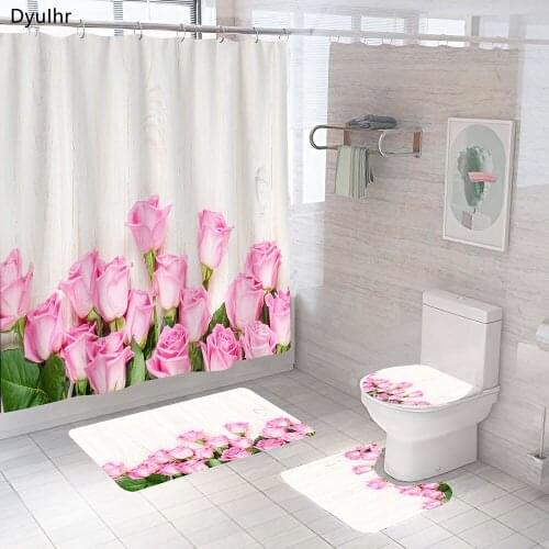 Bathroom Accessories Plant Printing Polyester Waterproof Shower Curtain Toilet Seat Mat Floor Mat Bathroom Kit DyuIhr