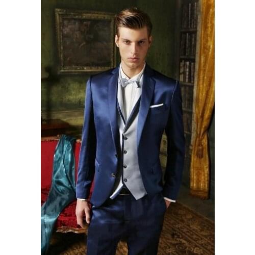 Shinny Navy Blue Men Suits 2020Custom Morning Suits Best Men Suit Wedding Tuxedos Men Business Suit (Jacket+Pants+Vest+Tie)