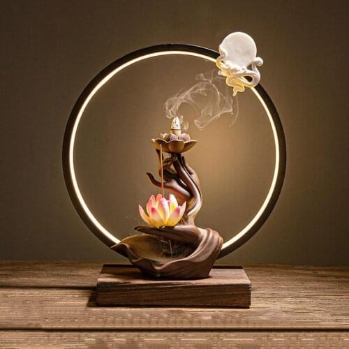 Buddha Hand Backflow Incense Burner With Usd Led Light Smoke Waterfall Incense Stick Holder Purple Sand Ceramic Censer 20pc Cone