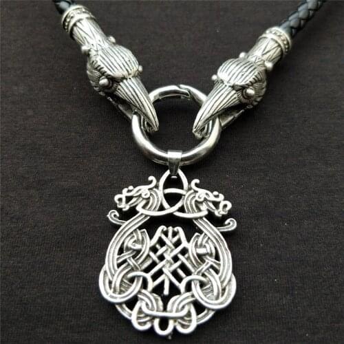 Hot Nordic Viking Dragon Rune Pendant With Raven Head PU Leather Chain Talisman Necklace Celt Gothic Jewelry
