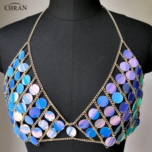 Chran Seascale Chain Bra Bralete Top Disco Party Dress Beach Cover Up Ibiza Chain Harness Necklace EDM Festival Jewelry CRS219