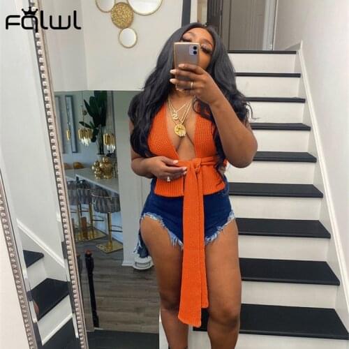 FQLWL Summer Streetwear Sweater Knitted Crop Top Bandage Fashion Casual Tank Top Female White Design Hollow Out Tops Women 2021