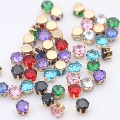 6mm 20pcs Mix Color Sew on Rhinestones Round Zircon Crystal Stones with Gold Base Claw For DIY Jewelry Hats Dress Decoration
