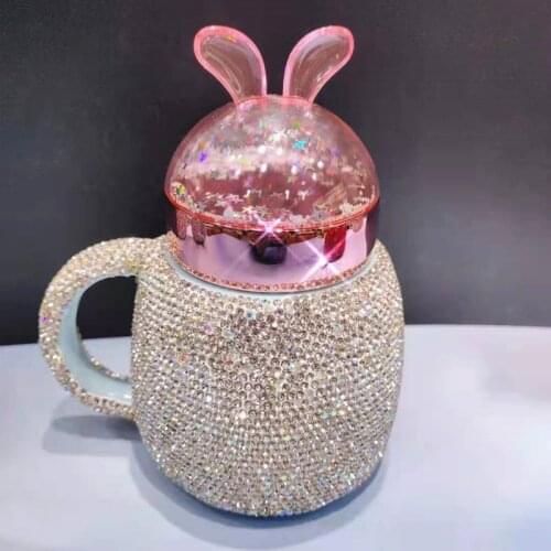 Cute Rabbit Quicksand Crystal Mug Ceramic With Lid Handle Handmade Drinkware Coffee Cup Wedding Souvenirs Student Cartoon Gifts
