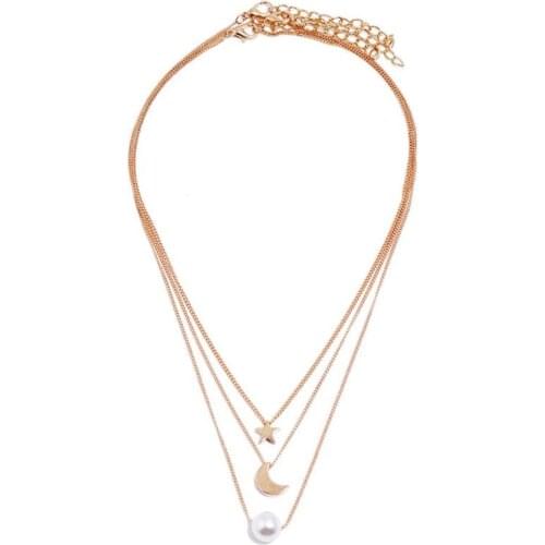 Multilayer Pendant Necklace Faux Pearl 3PCS Star Moon Multilayer Necklace Charm Necklace Shape Mental golden white Chain