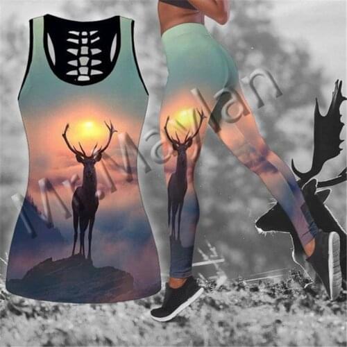 Fashion Animal Deer Hunting Country Women Hollow Tanktop & Legging 3D Print girl Leisure Streetwear Female Sexy Vest Clothe S-99
