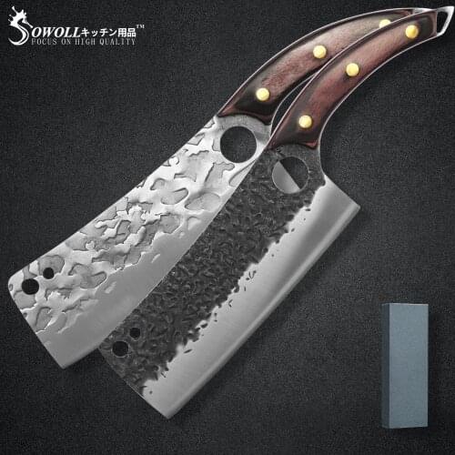 Sowoll Chinese Slicer 7.5'' INCH Stainless Steel Chopping Cleaver Butcher Knife Full Tang With Sharpener Stone System Set