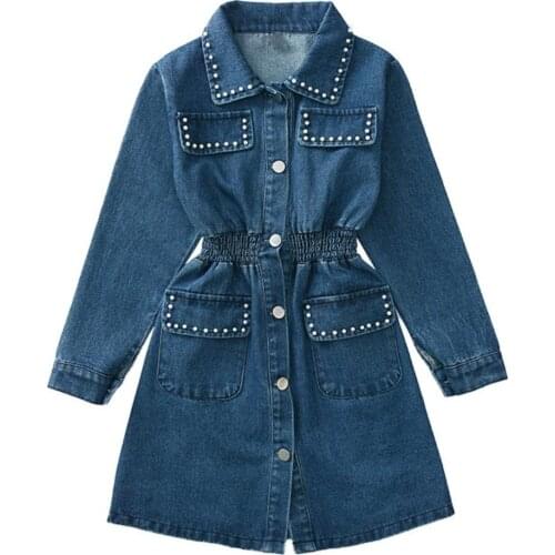 Baby girl autumn casual denim dress women lapel fashion beading slim waist long sleeve princess dress