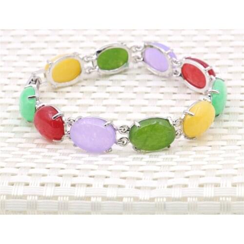 Oval Shape Multicolor Jades Emeralds Bracelet Chalcedony Natural Stone Women Girls Jewelry Hand Ornament Alloy