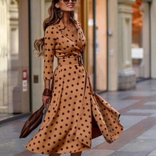 Womens Spring And Autumn Dresses Fashion Lapel Print Polka Dot Mid Waist Lace Up Ladies Long Sleeved Coat Trench Coat Dresses