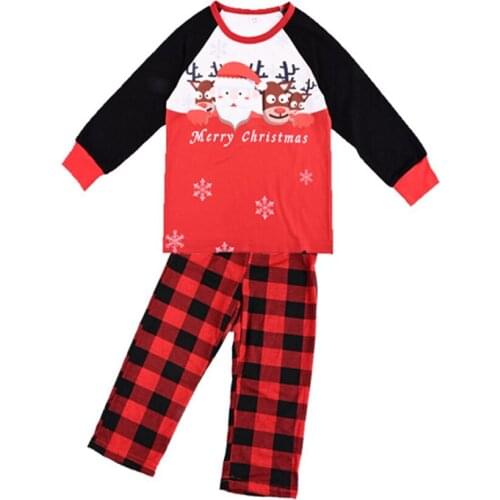 Christmas Parents-Children Pajamas Set Snow Print Santa Long Sleeve Shirt Plaid Trousers Baby One-Piece Romper Button