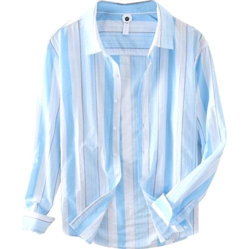 Contrast Striped Long Sleeve Shirts for Men Pure Cotton Turn-down Collar Tops Male Daily Casual Button Up Korean Clothes