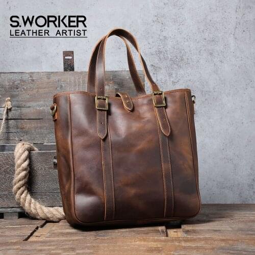 S.WORKER 2020 NEW Vintage Genuine Leather Tote Bag Mens Large Capacity Casual Crazy Horse Cowhide Ladies Shopping Bag Laptop
