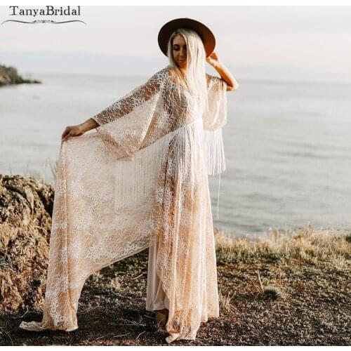 Unique Lace Wedding Dresses Tassel Finger Flutter Bridal Gowns Boho Pregnant Vestido de Noivas Flare Sleeve DW536