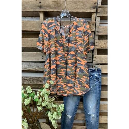 Spring Summer Womens Top Printed Camouflage Round Neck Short Sleeve Shirt