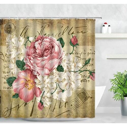 Retro Hand Painted Peony Flower Waterproof Shower Curtain Set White Pink Floral Stamp Old Poster Printing Bathroom Decor Curtain