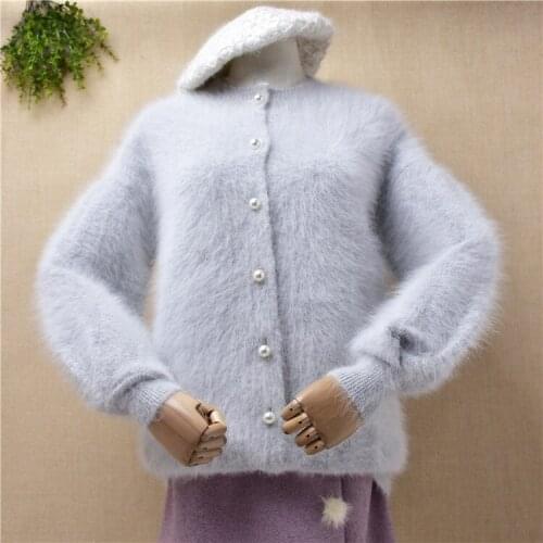 Female women Autumn Winter fashion hairy mink cashmere knitwear long lantern sleeves loose cardigan angora fur jacket coat pull