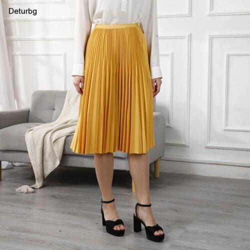 Womens Vintage Solid Pleated Skirt Female Elastic High Waist Office A-Line Midi Skirts 8 Colors 2021 Autumn Faldas Saias SK900