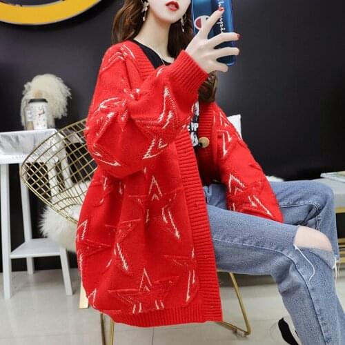 ZOGAA Women Casual Sweater Cardigans V Neck Stars Pattern Loose Oversize Jumpers Korean Autumn Winter Knit Cardigans Knit Coat