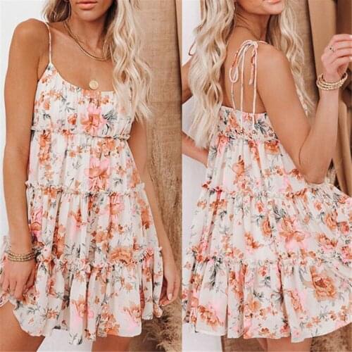 Summer Dress Sexy Spaghetti Floral Lace Up Mini Dresses For Women 2021 Fashion Loose Chiffon Print Ruffle Boho Beach Vestidos