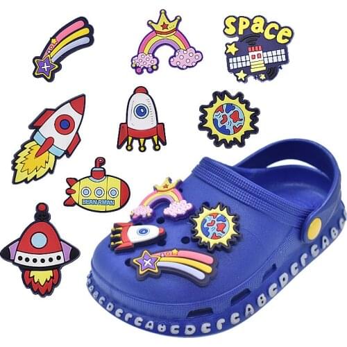 10pcs Shoe Charms Croc JIBZ Accessories Rocket Space Crown Shape Clog Shoes Buckle Soft PVC Charm