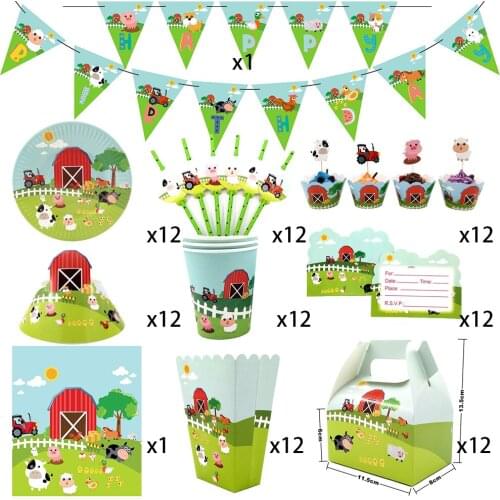 110pcs For 12 Kids Farm Animals Pig Cow Birthday Party Supplies Tableware Set Plate Straw Glass Candybox Invitation Hat Etc