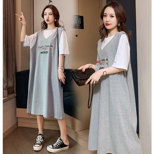 1618# T shirt + Cartoon Dress Maternity Clothes Loose Stylish Short Sleeves Dress for Pregnant Women Pregnancy Clothes