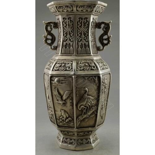 2pcs 1Pair Decorated Old Handwork Tibet Silver Carved Crane Eagle Flower Vase copper tools Set crafts Wholesale price Factory