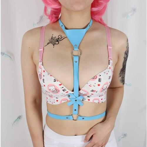 B.CYQZ Bowknot Straps Blue Leather Harness Woman Gothic Suspenders Neck to Waist Belt Punk Body Bondage Harness Lingerie Garters