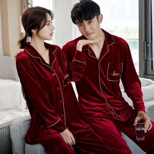 Lovers Velvet 2PCS Pajamas Set Lapel Sleepwear Autumn New Casual Bathrobe Soft Nightwear Shirt&Pant Couple Velour Home Clothes