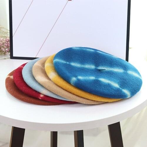 Fashion women casual woolen tie dye beret caps Elegant ladies soft comfortable patchwork colorful Artist hats gorros