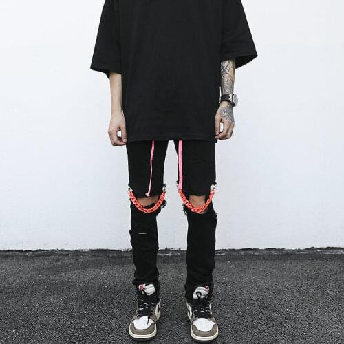 European Streetwear pants mens Ripped Jeans Slim Stretch Skinny Jeans Men Maychao Hip Hop Phants Zipper Drawstring Black Pants