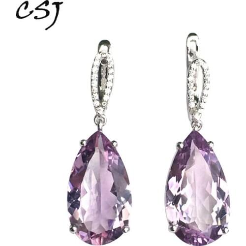 CSJ Fashion 100% Natural Genuine Amethyst Pear Drop Earring 925 Sterling Silver Women and Lady Wedding Engagment Party Gift box