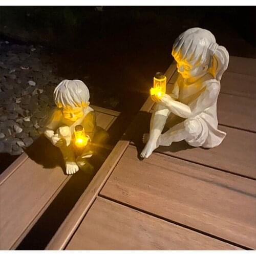 A Kid With Solar Fireflies Garden Decoration Outdoor Statue Resin Jar Boy Girl Whimsical Flowerbed Yard Sculpture Decor