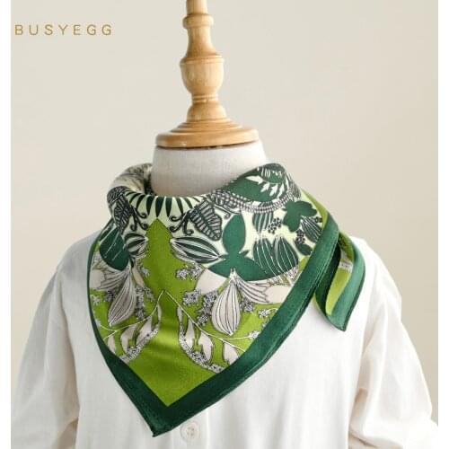 Grass green natural silk baby scarf printed with leaves 100% real silk kids scarves small 50cm square handkerchief gift for lady