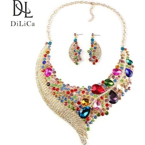 DiLiCa Gorgeous Jewelry Sets for Women Crystal Bib Statement Necklace Earrings Set Woman Party Charms Choker Necklace Jewelry