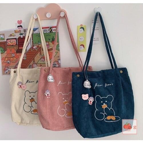 Canvas Corduroy Shoulder Shopping Cute Bear Bags Women Satchel Tote Hand Bag Travel Bag Purses Casual Handbag For Women Bookbag