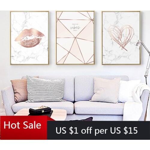Canvas Painting ME&YOU Love Wall Art Picture Pink Gold Lip Green Plant Abstract Lines Art Mural for Poster Aesthetic Room Decora