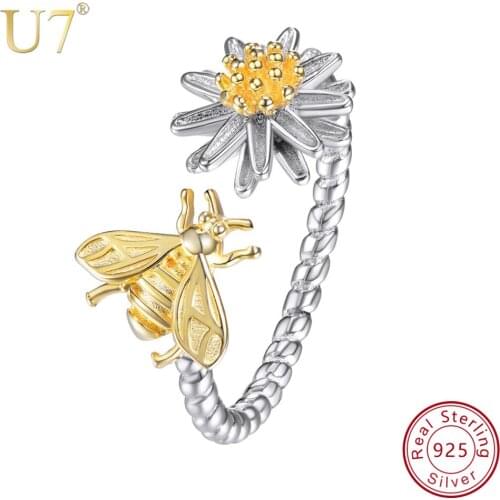 U7 925 Sterling Silver Yellow Color Cute Flower Honey Bee Open Size Rings for Girls Women Jewelry Lovers Gift Finger Ring SC152