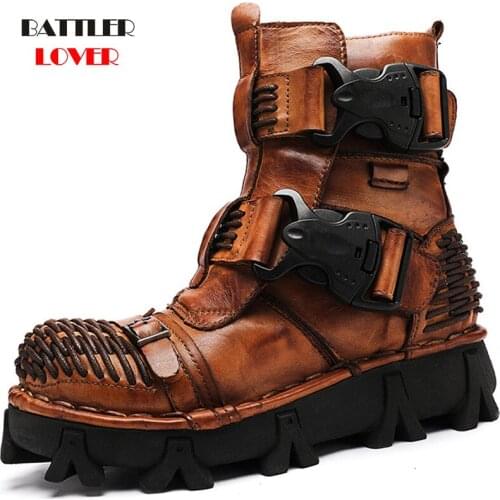 Men Gothic Style Motorcycle Boots 100% Genuine Cow Leather Martin Botas for Male Military Steampunk Biker Footwear Plus Size 50