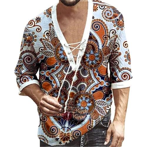 Mens Vintage Ethnic Printed Shirts Harajuku Half Sleeve Blouses Hawaii Casual Bandage Camicias Summer Oversized V-neck Chemise