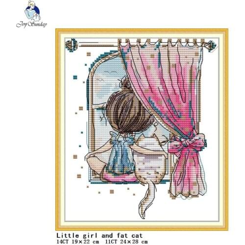 Little girl and fat cat count printing cross stitch kit Aida 14ct 11ct needlework embroidery set DIY sewing set home decoration