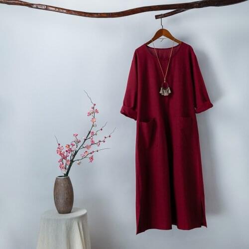 Autumn Women Loose Long Dress Vintage Pockets Long Sleeves Solid Robes Boho Holiday Dress Casual Maxi Dresses
