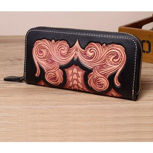 Handmad Vintage Cow Leather Wallets Embossing Curling Grass Pattern Bag Purses Women Men Long Clutch Wallet Card Holder