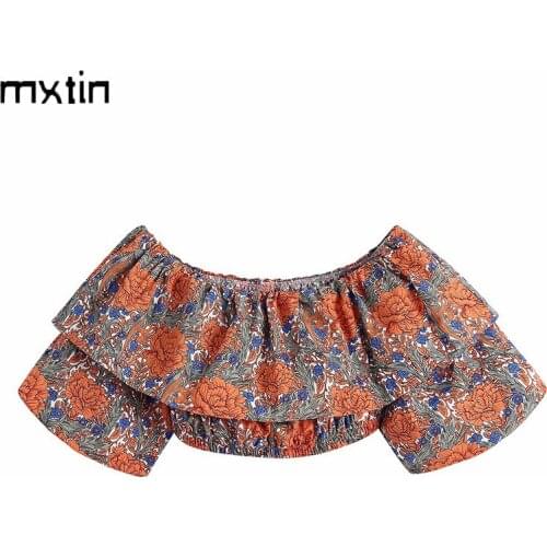 MXTIN 2020 Women Summer Fashion Floral Print Cropped Blouses Ruffle Slash Neck Short Sleeve Female Shirts Blusas Chic Sexy Tops